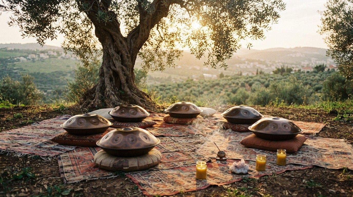 מעגל פאנטמים על שטיחים מתחת לעץ זית בשקיעה